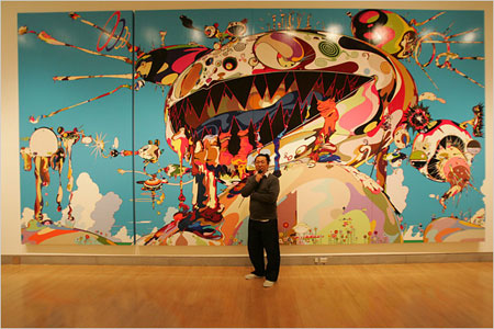 Takashi Murakami in front of one of his pieces at the Brooklyn Museum