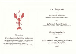 Menu du dîner du homard Thermidor Menu du dîner du homard Thermidor